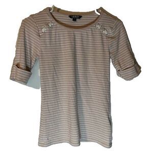 Lauren Ralph Lauren Tee M Beige & White Striped Short Sleeve Classic Minimalist